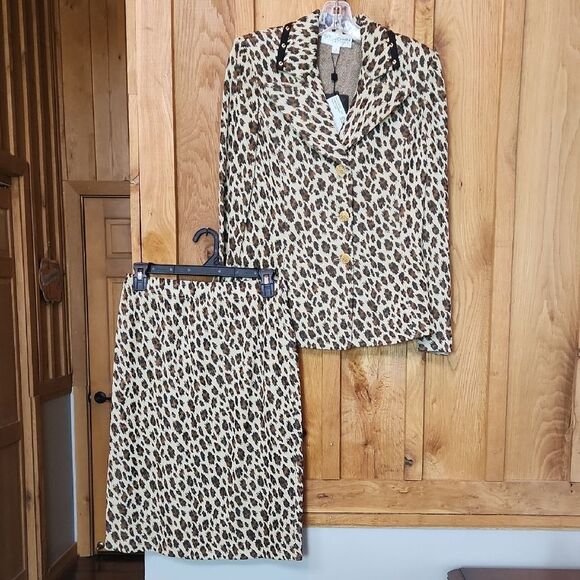 NEW St. John Leopard Print Wool Blazer & Skirt Set, Size 4, Brown, Black, & Gold - Picture 1 of 14